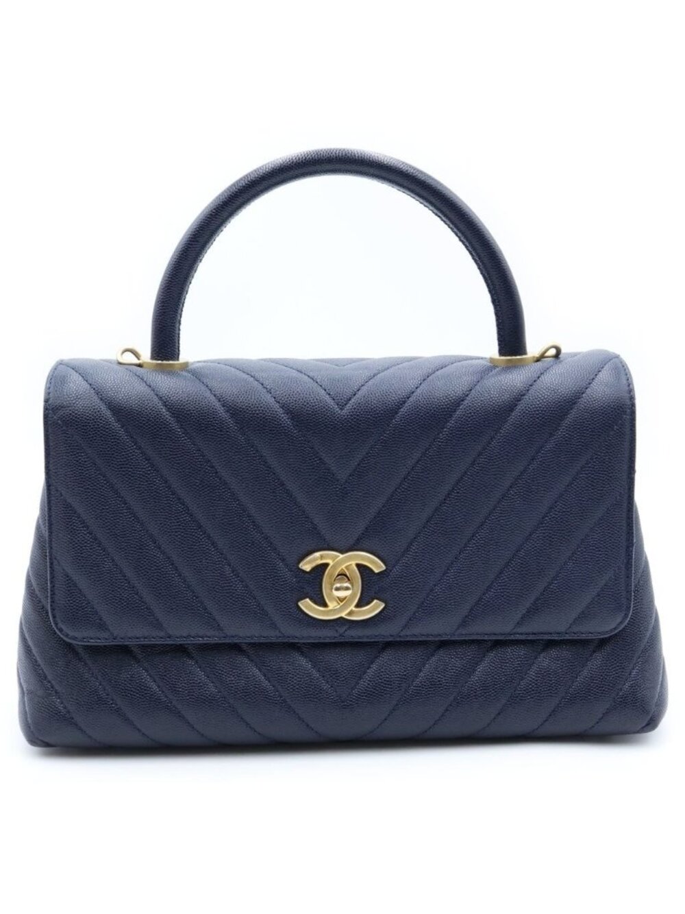 Chanel CC Logo V-stitch Coco Handle S 2-Way Shoulder Bag Navy Caviar Leather